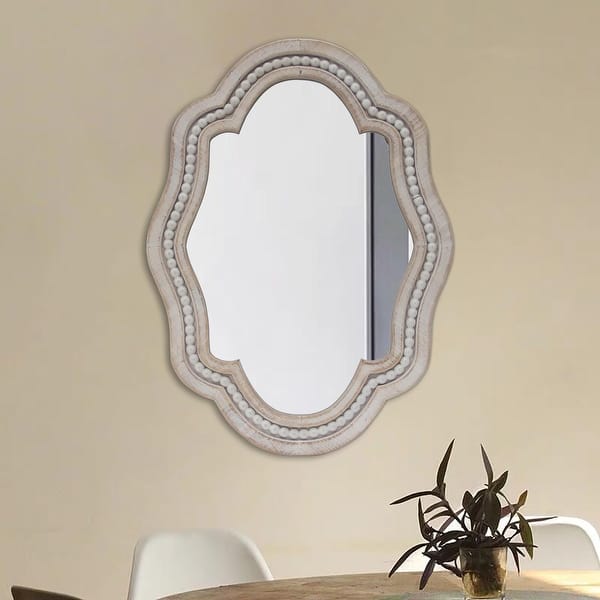 27" Tall Whitewash Wall Mirror with Beaded and Scalloped Edges Bed
